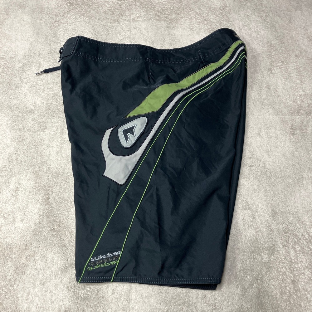 Y2K Quiksilver Board‎ Shorts 11" Embroidered Logo Gray Green Surf Swim Mens 40